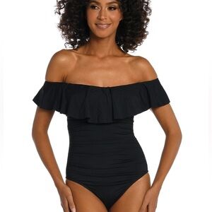 🌻NEW (w/tag) La Blanca Black Island Goddess Off Shoulder Ruffle Swimsuit 16